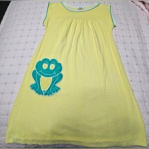 Vintage 80s Terry Cloth House Dress Nightgown Cover Up Frog Pocket Sz S/M